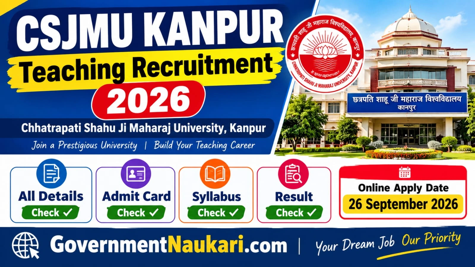 CSJMU Kanpur Teaching Recruitment 2026, 36 Teaching Vacancy, Online Form, Exam Date and Sarkari Result