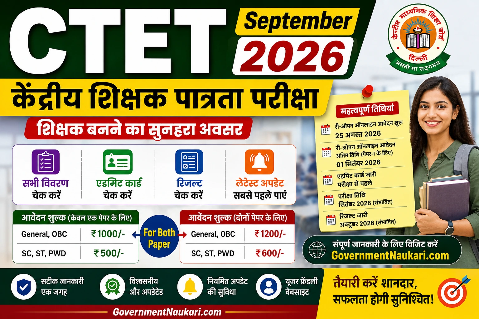 CTET September 2026 Online Form Re-Open, Sarkari Result, Exam Date and Admit Card