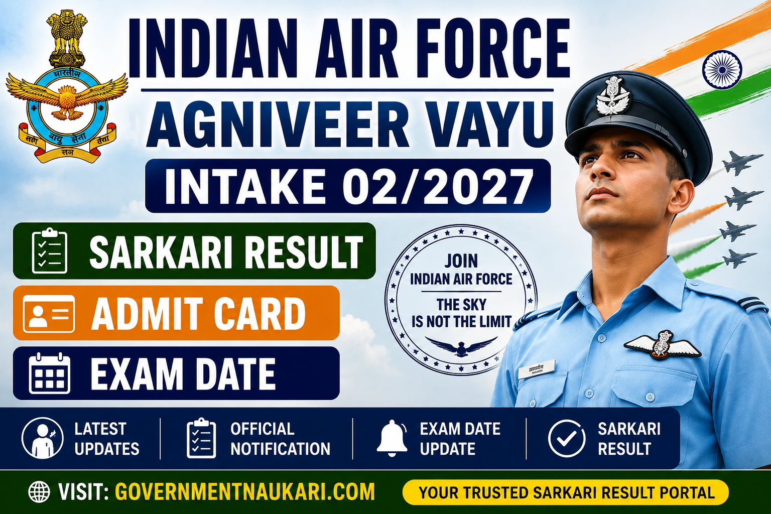 Indian Air Force Agniveer Vayu Intake 02/2027 Sarkari Result, Online Form, Admit Card, Exam Date