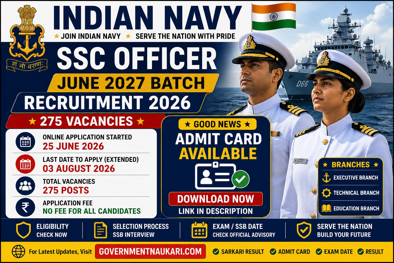 Indian Navy SSC Officer June 2027 Admit Card, Exam Date, Exam City, Online Form and Result