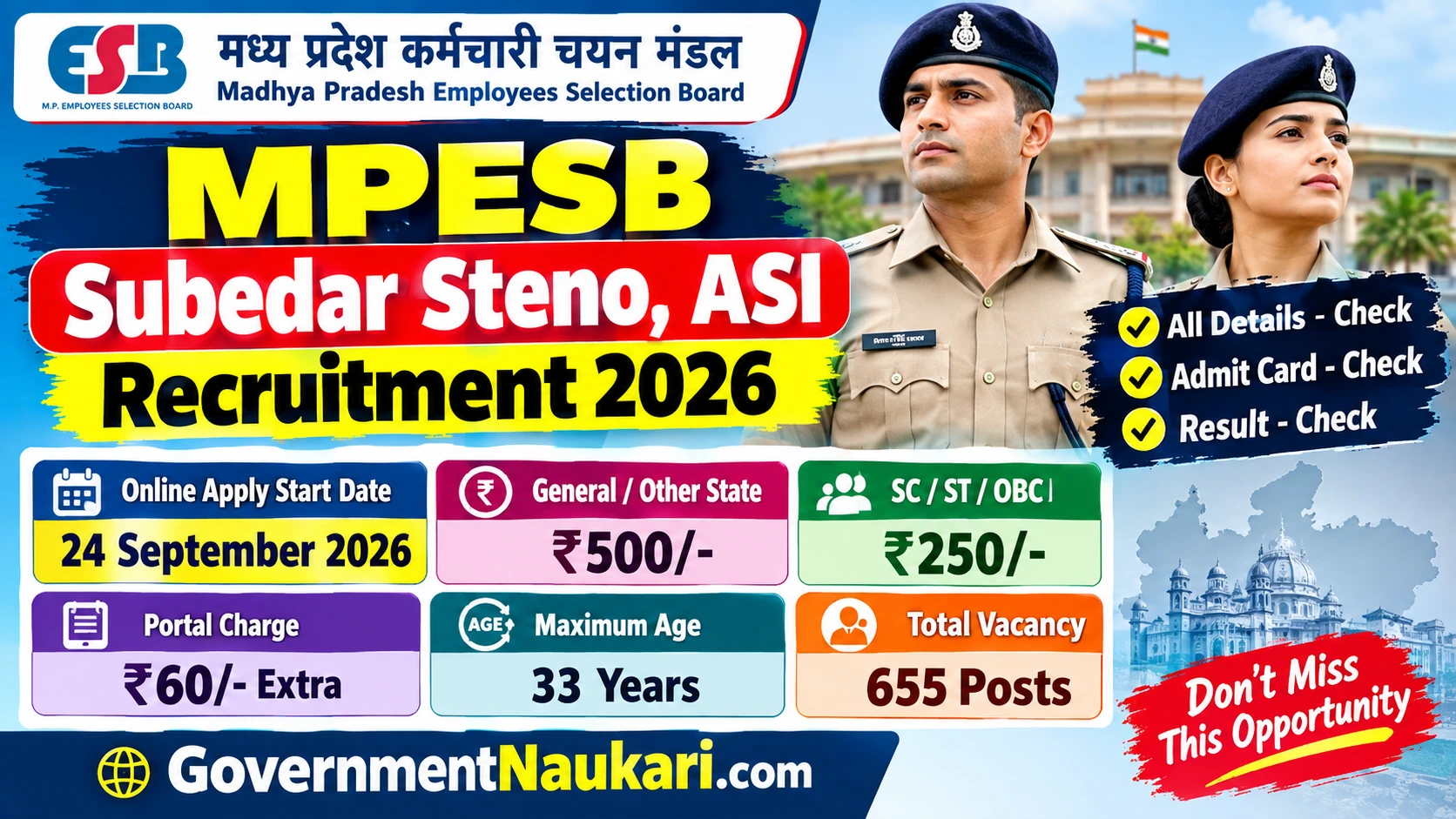 MPESB Subedar Steno ASI 2026 Notification, 655 Vacancy, Online Form, Exam Date and Sarkari Result
