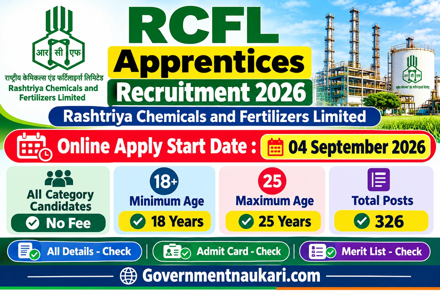 RCFL Apprentice Recruitment 2026 – 326 Posts, Online Form, Eligibility and Sarkari Result