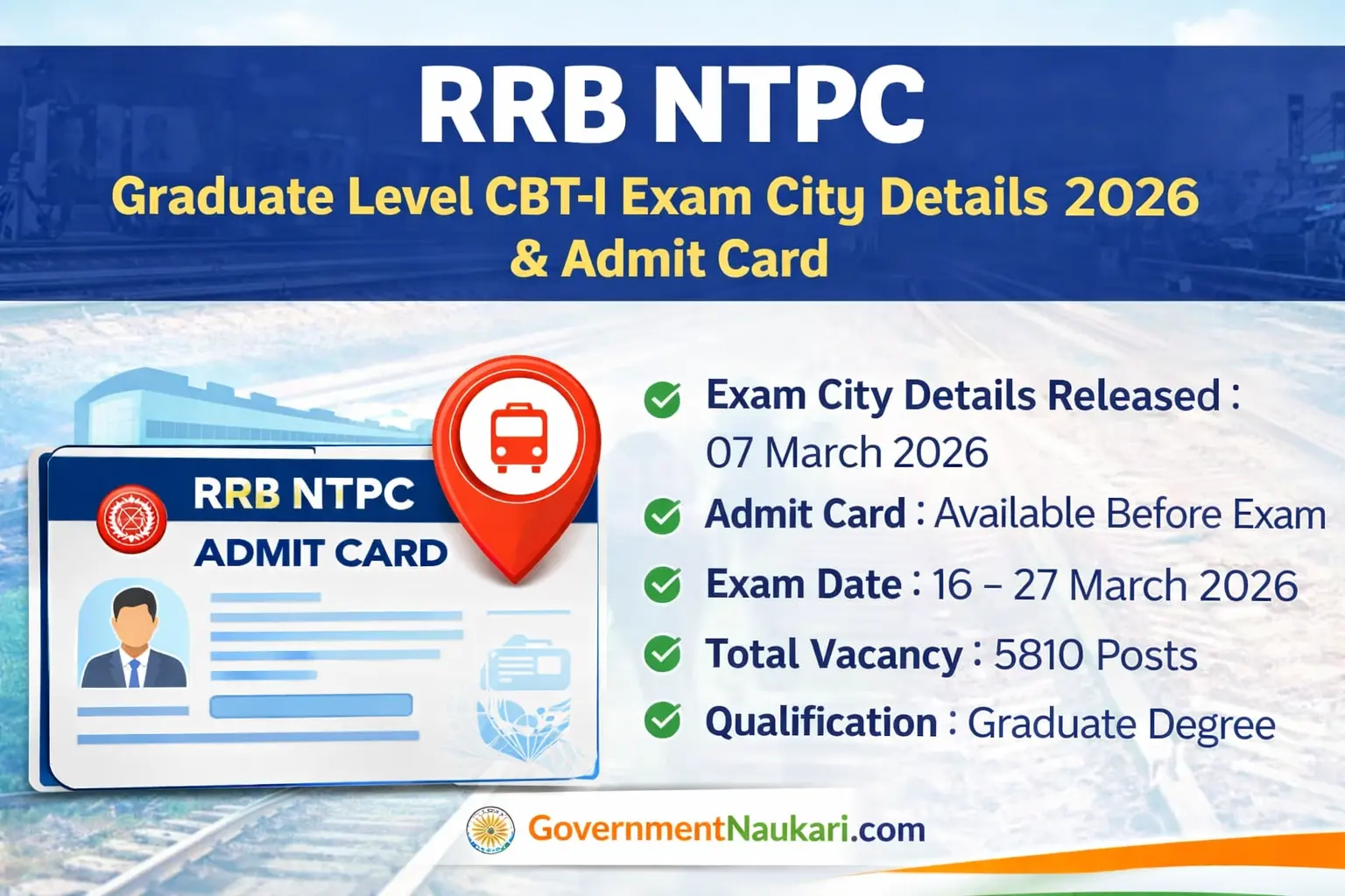 RRB NTPC Graduate Level CBT-I Exam City & Admit Card Details 2026