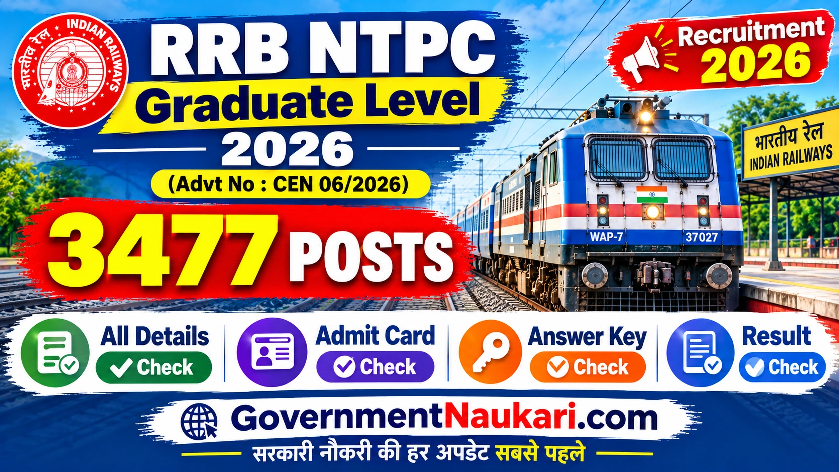 RRB NTPC Graduate Level Recruitment 2026, 3477 Posts, Online Form, Exam Date and Sarkari Result