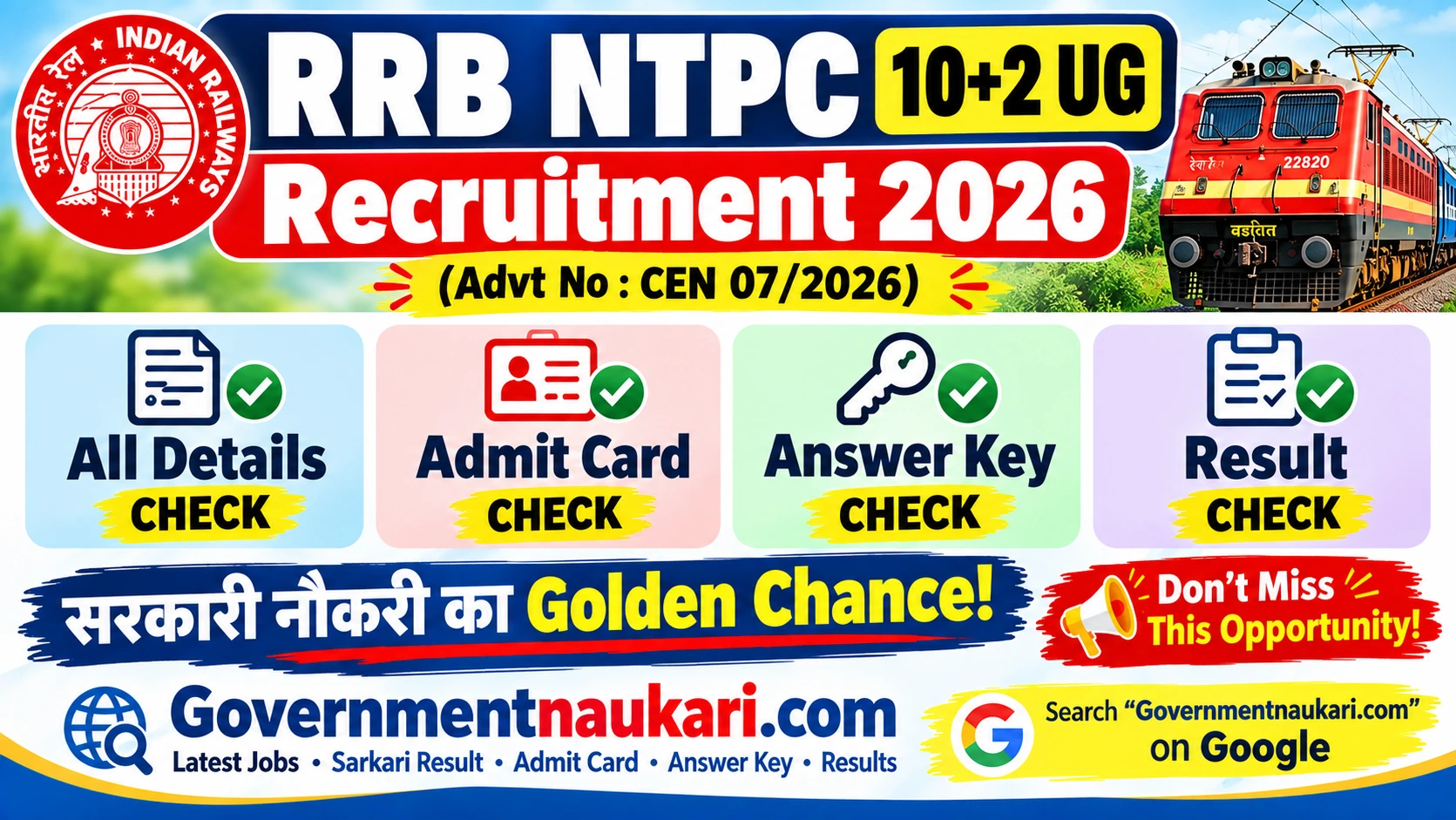 RRB NTPC 10+2 UG Recruitment 2026, 1688 Posts, Online Form, Exam Date and Sarkari Result