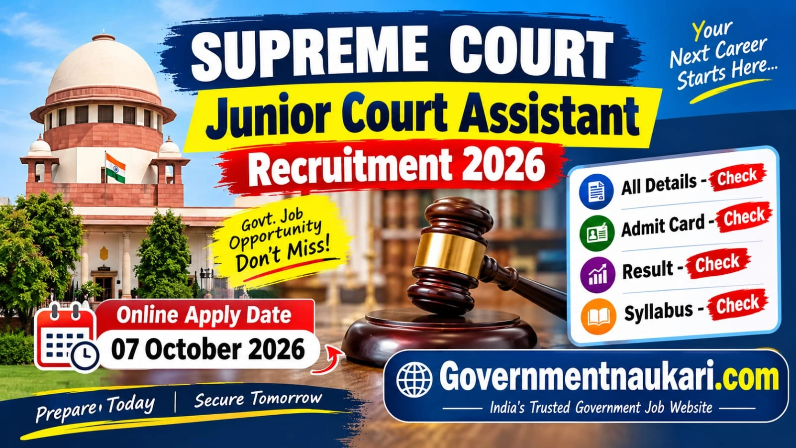 Supreme Court JCA Recruitment 2026, 250 Junior Court Assistant Vacancy, Online Form, Exam Date and Sarkari Result
